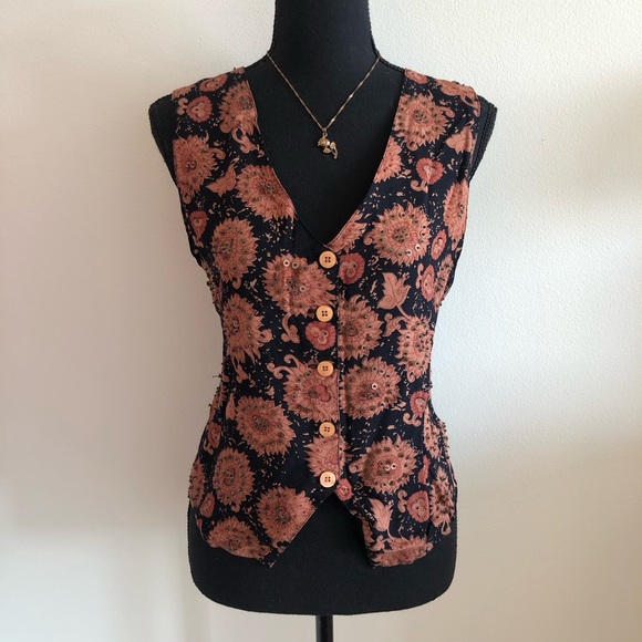 Erika Tops - Erika Black and Orange Floral Sleeveless Vest